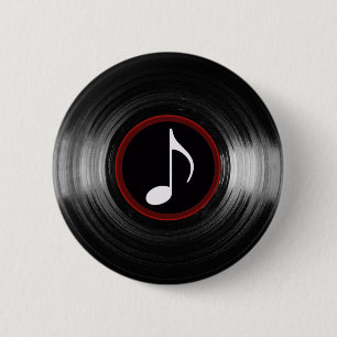 vinyl- en muzieknoot ronde button 5,7 cm