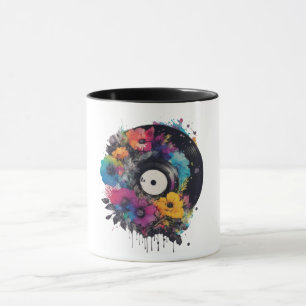 Vinyl record met kleurrijke bloemen mok