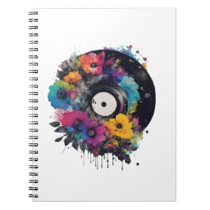 Vinyl record met kleurrijke bloemen notitieboek