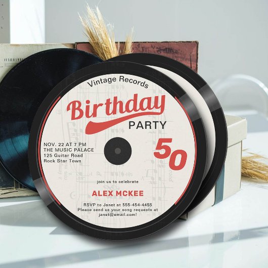 Vinyl Record Zwart Wit Rood 50e Verjaardag Kaart