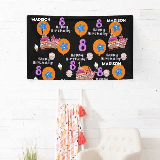 Vinylbanner, Happy 8th Birthday Banner, #8 Black Spandoek (Insitu)