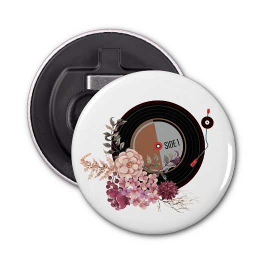 vinylplatenspeler dank je stickers cadeau labels button flesopener (Voorkant)