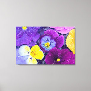 Viola bloemen drijvend in vogelbad met dauw canvas afdruk