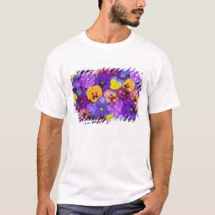 Viola bloemen drijvend in vogelbad met dauw t-shirt
