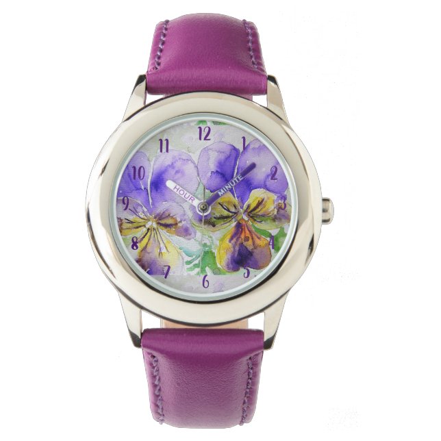 Viola Waterverf Paarse kunstbloem schilderen Horloge (Voorkant)