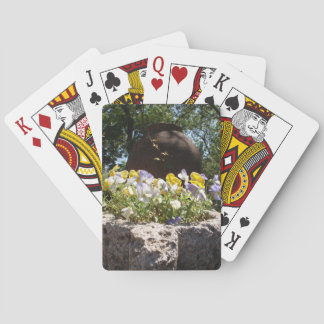 Violas In Een Stenen Bak. Pokerkaarten