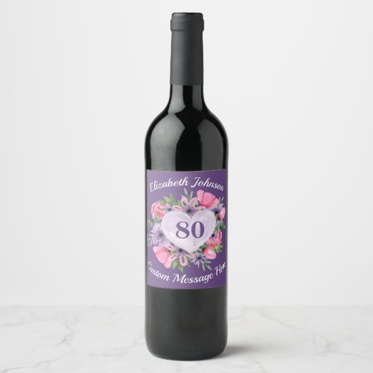 Violet 80e anniversaire Vin bouteille Étiquettes (Devant)