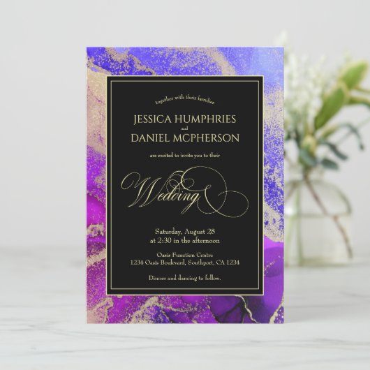 Violet Amethyst Paars Gold Moody Wedding Kaart (Staand voorkant)
