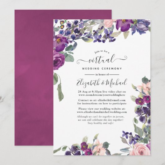 Violet and Plum Floral Online Virtual Wedding Kaart (Voorkant / Achterkant)