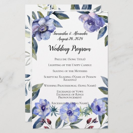 Violet Anemone Flower Waterverf Wedding Programme (Voorkant / Achterkant)