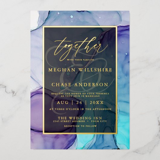 Violet Aqua Vloeibare Abstracte inkt Folie Uitnodiging (Voorkant)