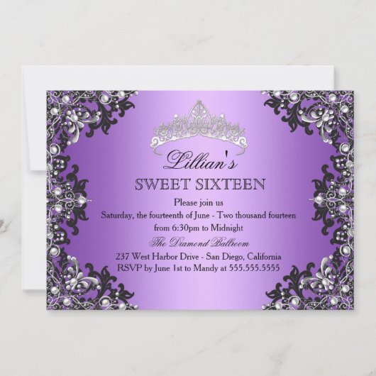 Violet Argent Noir Damas Tiara Sweet 16 Invitation (Devant)