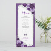 Violet Argent Rose Quinceanera Carte Menu Annivers (Debout devant)