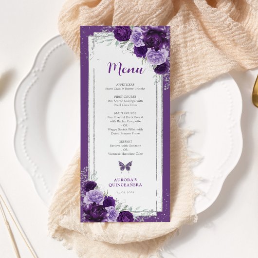 Violet Argent Rose Quinceanera Carte Menu Annivers