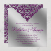 Violet argenté de Mariage damassé Invitation (Devant / Derrière)