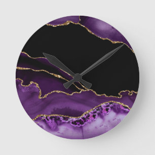 Violet Black Marmer Agate Dark Glamor Golden Ronde Klok