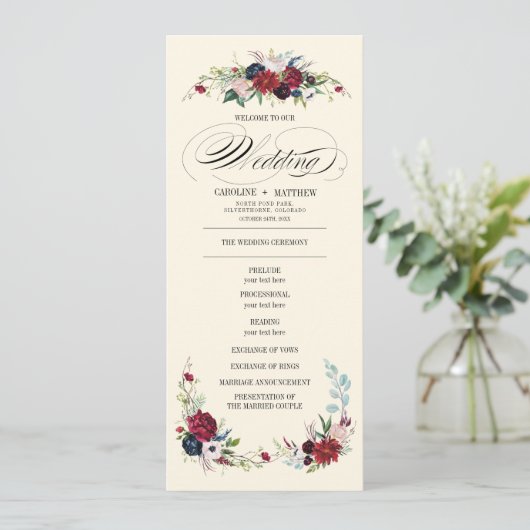 Violet | Bleu | Red Floral Creme Wedding Programme (Debout devant)