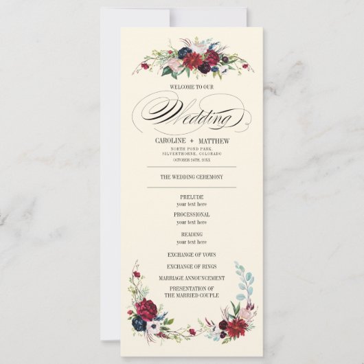 Violet | Bleu | Red Floral Creme Wedding Programme (Devant)
