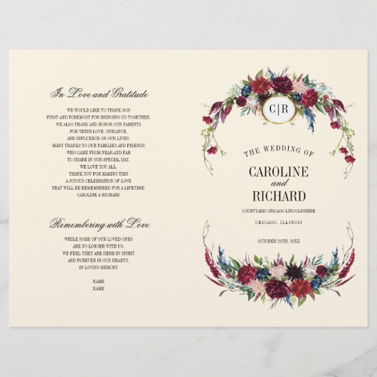 Violet | Bleu | Red Floral Creme Wedding Programme (Devant)