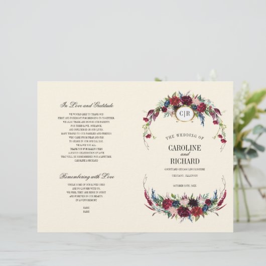 Violet | Bleu | Red Floral Creme Wedding Programme (Debout devant)
