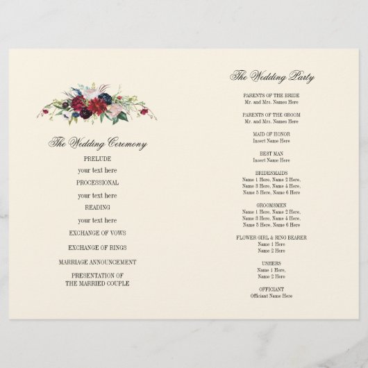 Violet | Bleu | Red Floral Creme Wedding Programme (Dos)