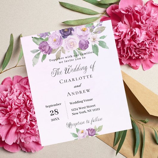 Violet bloemen budget bruiloft uitnodiging flyer