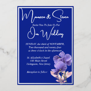 Violet Bloemen op Royal Blue Wedding Silver Folie Uitnodiging