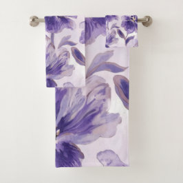 Violet Blooms Watercolor Purple Flowers Painted Bad Handdoek