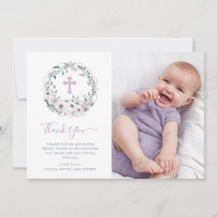 Violet Blush   Floral Baptisme met kruis   Foto Bedankkaart