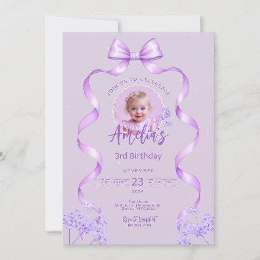 Violet Bow Anniversaire Tout âge Invitation avec p (Devant)