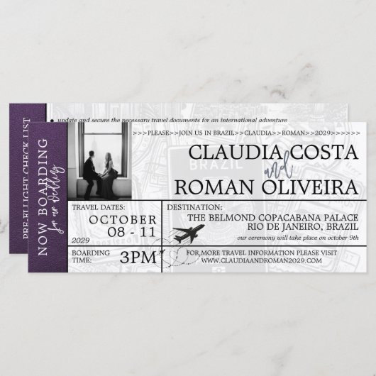Violet Brésil Mariage Boarding Pass Invitation (Devant / Derrière)