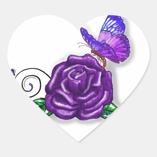 Violet Butterfly en Roos design Hart Sticker (Voorkant)
