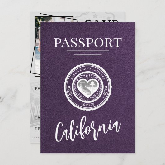 Violet California Passport Bewaar de datum Save The Date (Voorkant / Achterkant)