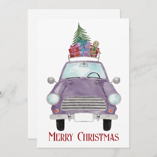 Violet Car met kerstcadeautjes Kaart (Voorkant / Achterkant)