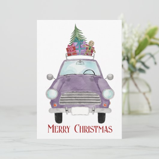 Violet Car met kerstcadeautjes Kaart (Staand voorkant)