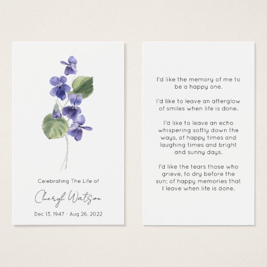 Violet | Carte de prière mémorielle funéraire simp (Devant & derrière)