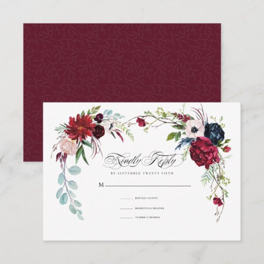 Violet | Carte RSVP marine Blue Floral Wedding (Devant / Derrière)