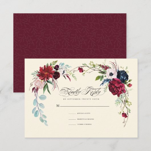 Violet | Carte RSVP marine Blue Floral Wedding (Devant / Derrière)