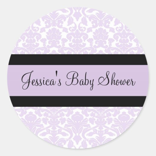 Violet Damask Baby shower Favor Stickers (Voorkant)
