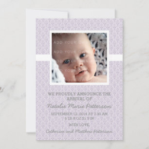 Violet Damask Frame Photo Baby Faire-part