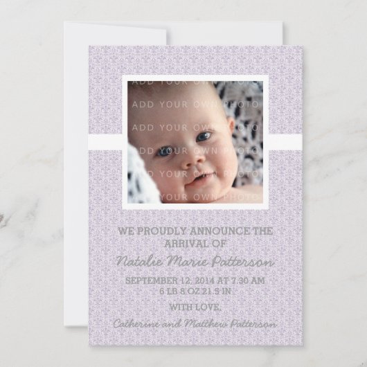 Violet Damask Frame Photo Baby Faire-part (Devant)