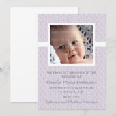 Violet Damask Frame Photo Baby Faire-part (Devant / Derrière)