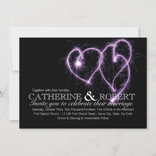 Violet deux coeurs Sparklers Faire-part de mariage (Devant)