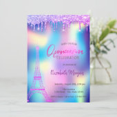 Violet druppels Eiffel Tower Holographic Quinceane Kaart (Staand voorkant)
