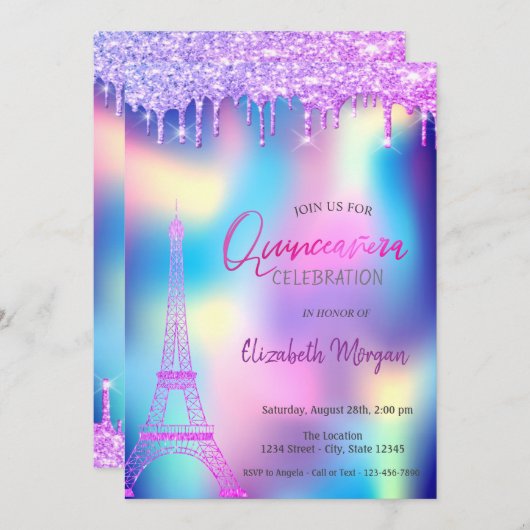 Violet druppels Eiffel Tower Holographic Quinceane Kaart (Voorkant / Achterkant)