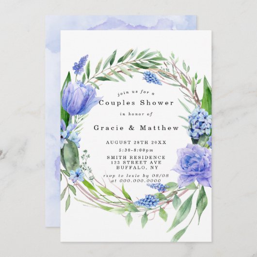Violet Dusty Blue Hyacinth Couples Invitations de  (Devant / Derrière)