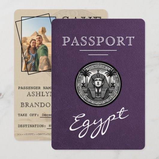 Violet Egypt Passport Wedding Save the Date (Voorkant / Achterkant)