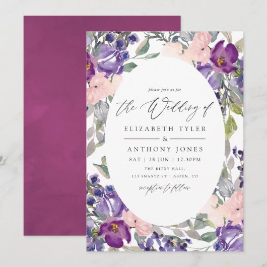 Violet en Plum Floral Wedding Kaart (Voorkant / Achterkant)