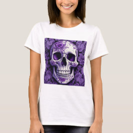 Violet Floral 3D Dode Schedel met violette bloemen T-shirt