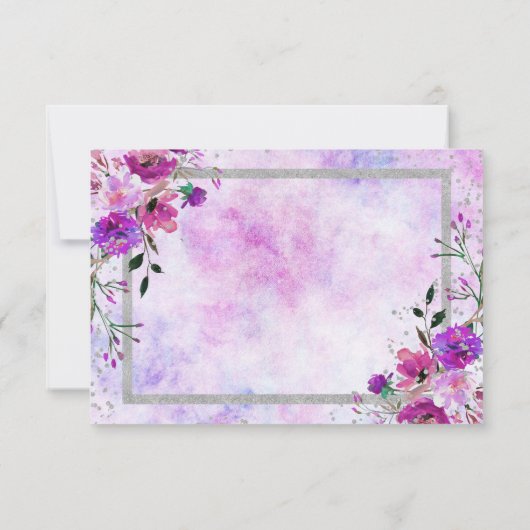 Violet Floral & Argent Frame Mariage RSVP Réponse (Dos)